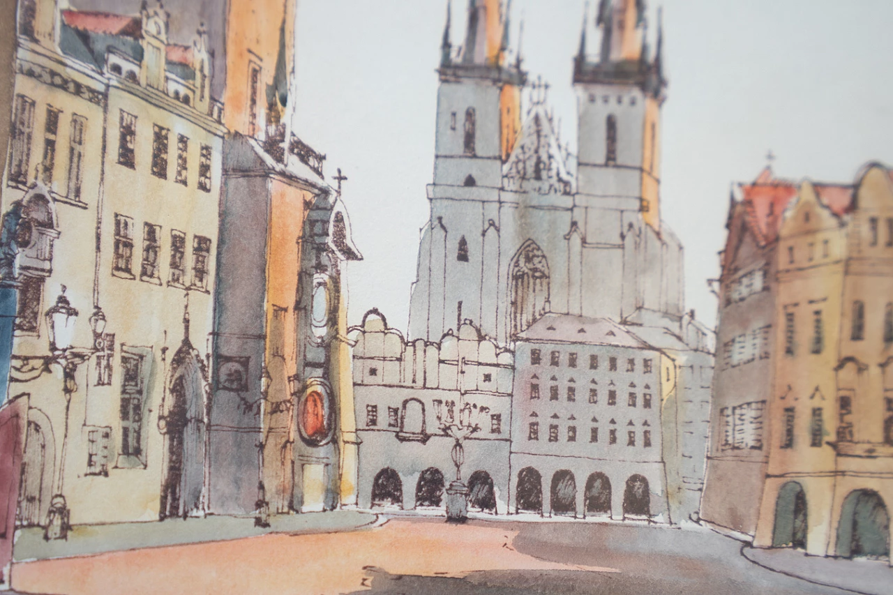 Praga Piazza della Città Vecchia, dipinto in foglia d'oro, anni '70 8
