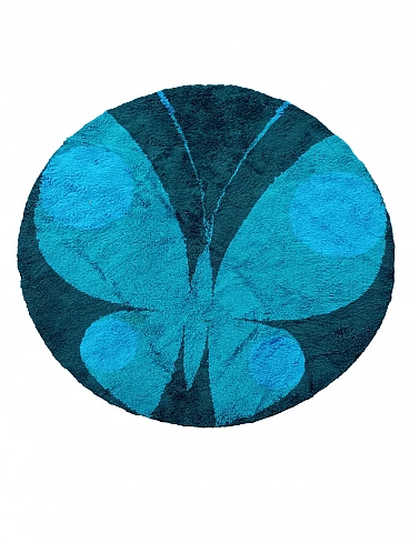 Tappeto danese circolare blu con farfalla, anni '60