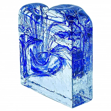 Vaso in vetro trasparente e blu effetto inchiostro, anni '80