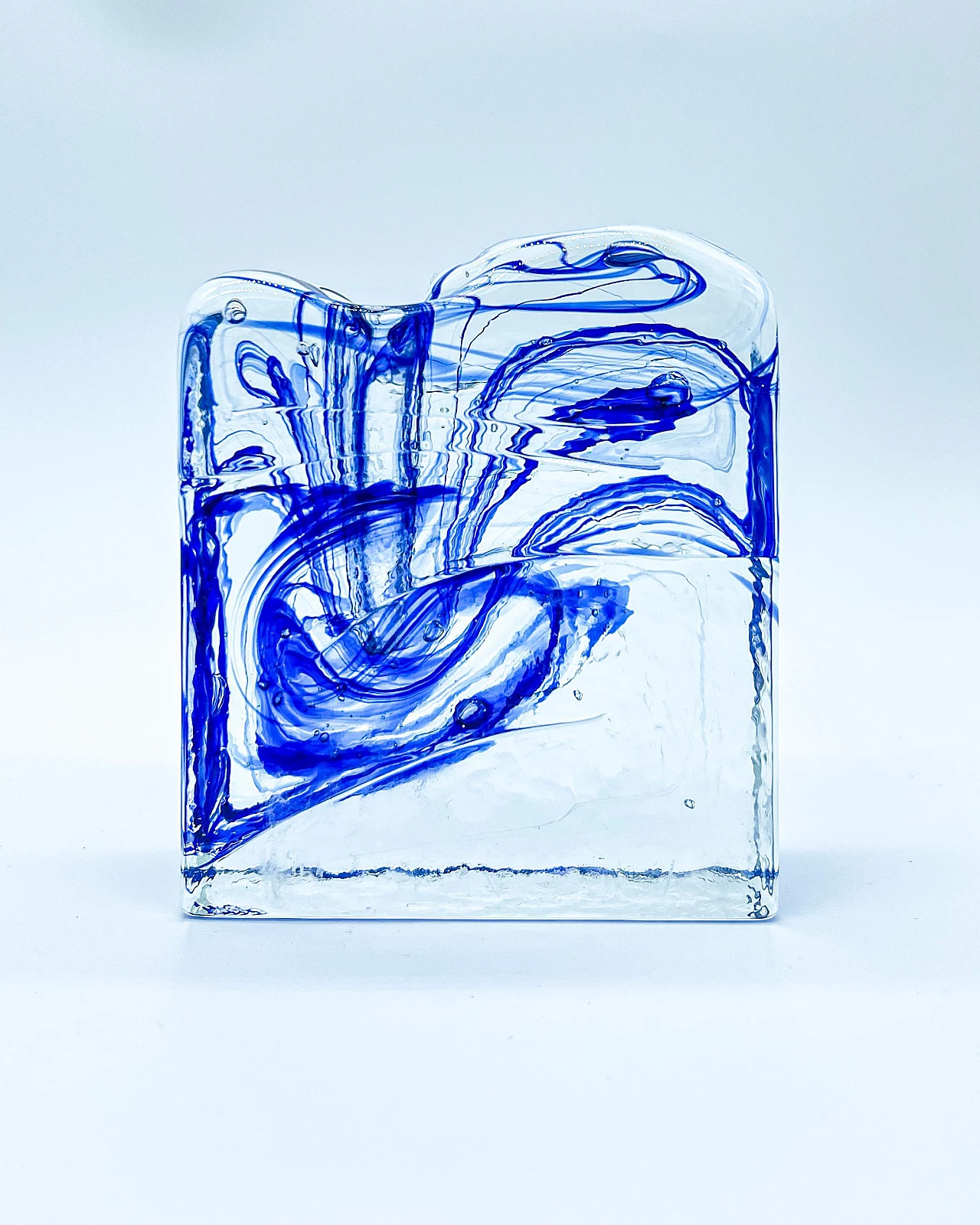 Transparent and blue ink effect glass vase, 1980s 2