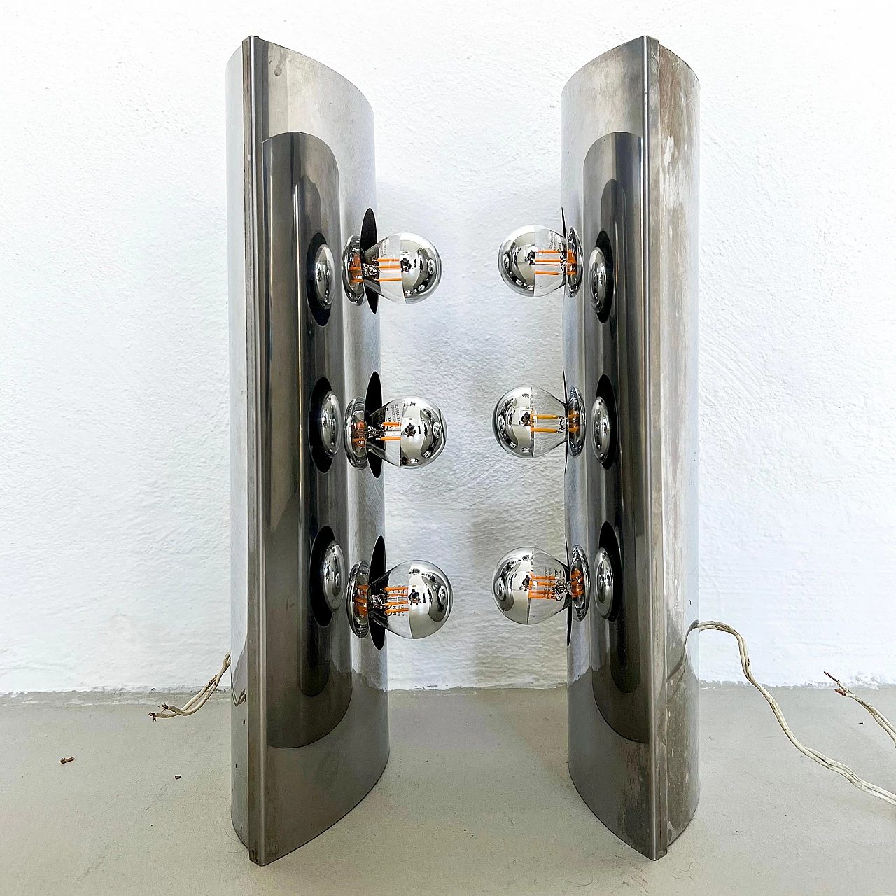 Pair of stainless steel wall lights by Reggiani, 1960s 6