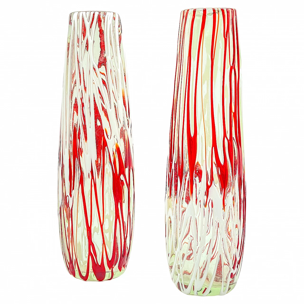 Pair of transparent, white, red Murano glass vases, 1970s 1