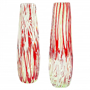 Pair of transparent, white, red Murano glass vases, 1970s