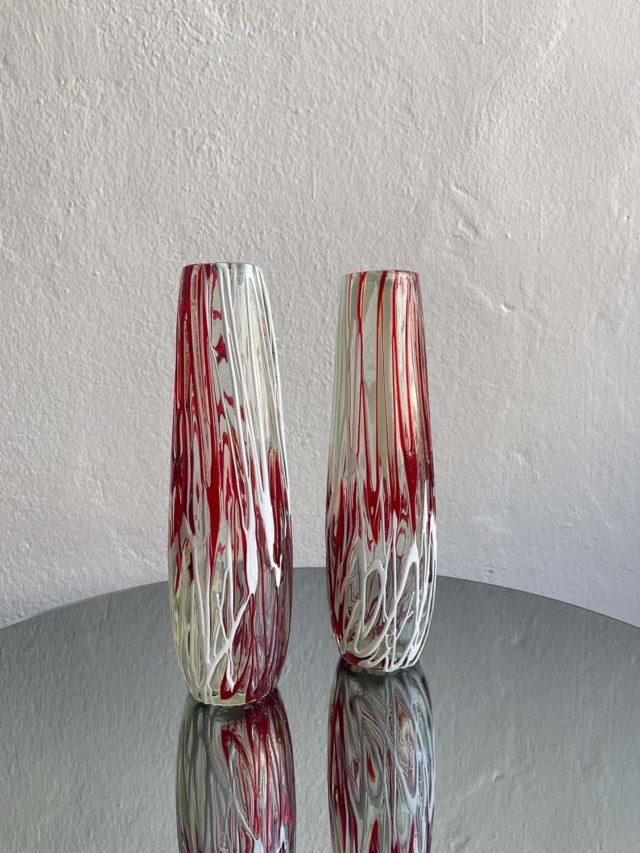 Pair of transparent, white, red Murano glass vases, 1970s 2