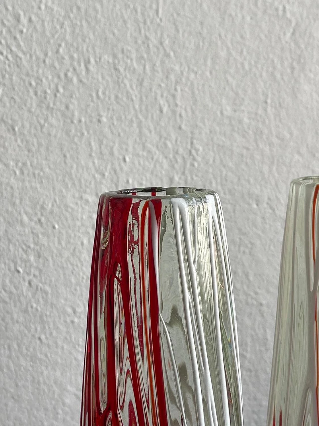 Pair of transparent, white, red Murano glass vases, 1970s 3