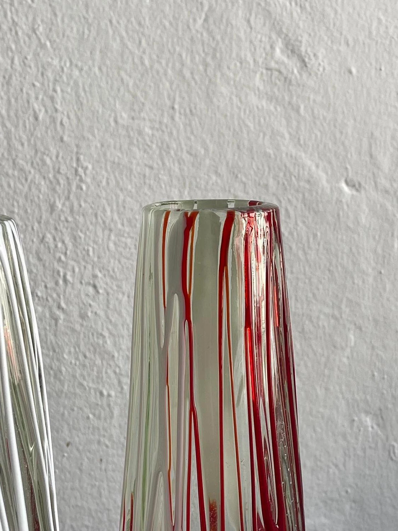 Pair of transparent, white, red Murano glass vases, 1970s 4