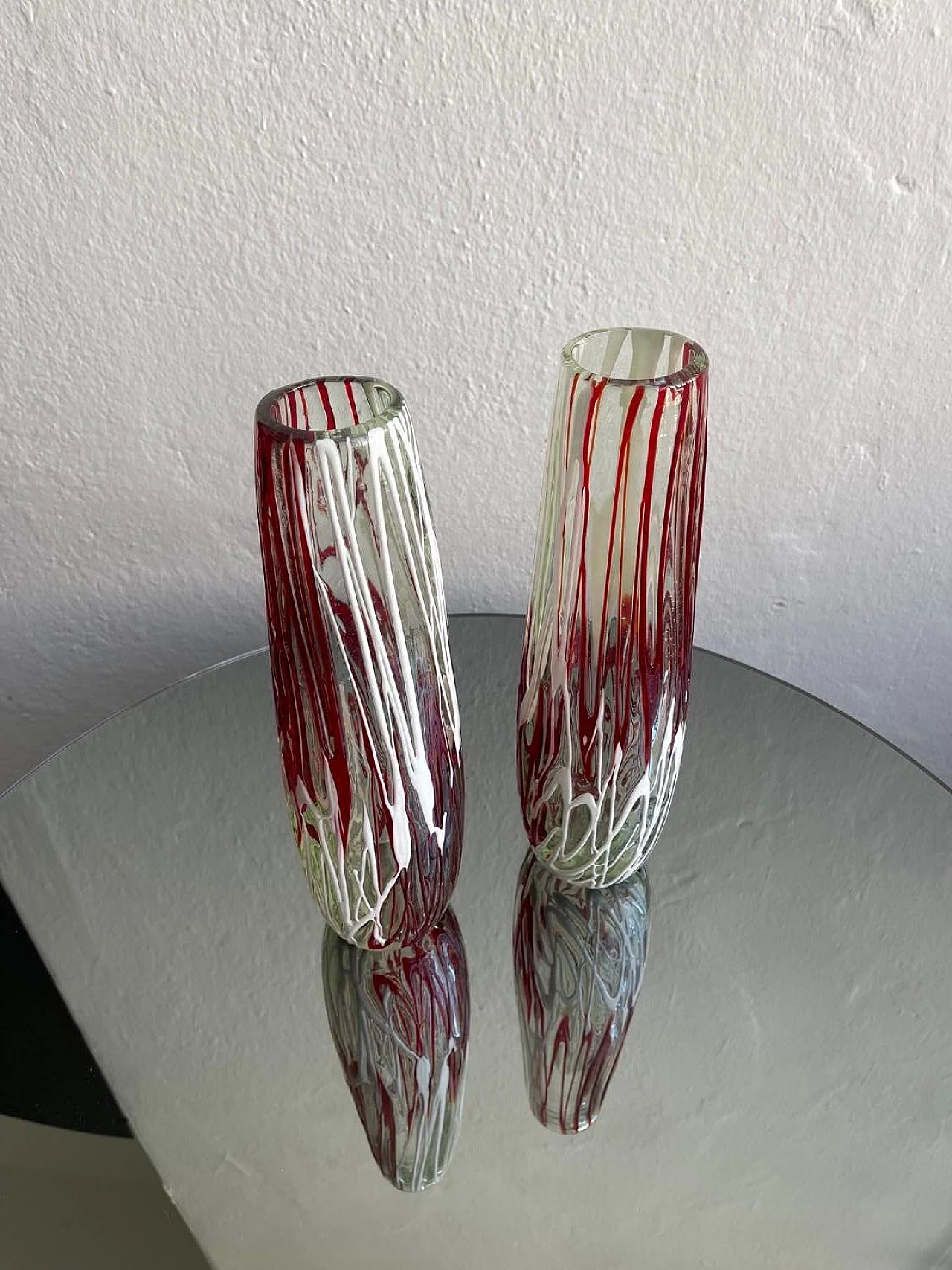 Pair of transparent, white, red Murano glass vases, 1970s 5