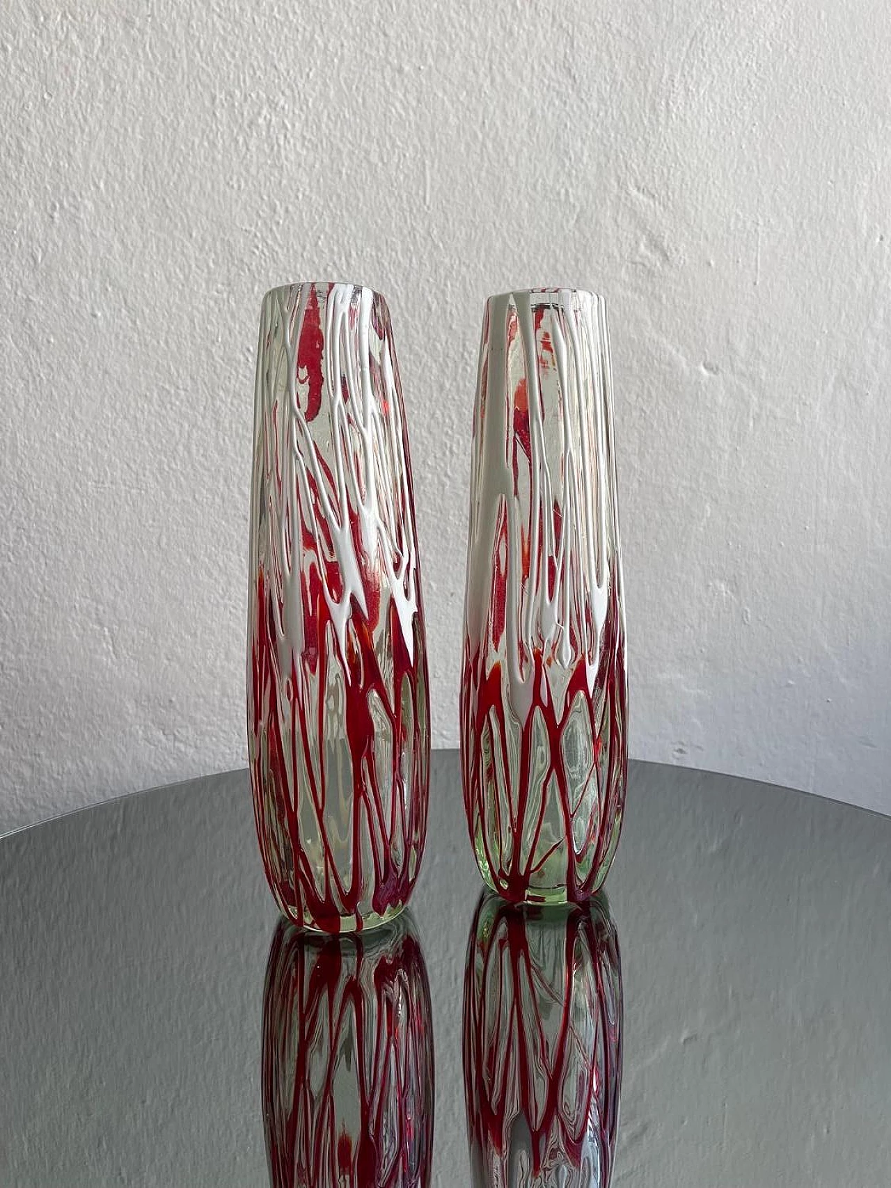 Pair of transparent, white, red Murano glass vases, 1970s 6