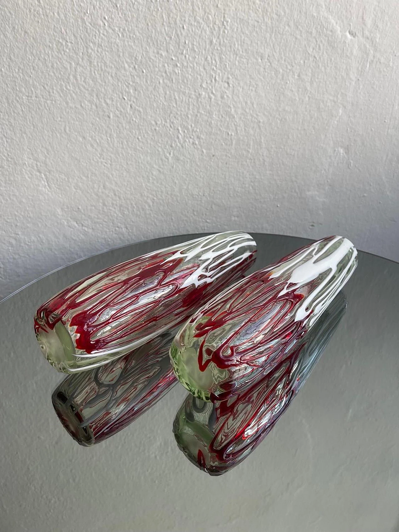 Pair of transparent, white, red Murano glass vases, 1970s 7