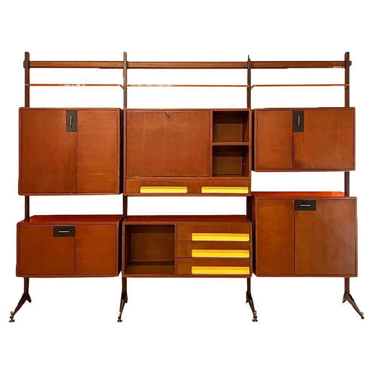 Wood, metal and glass modular bookcase, 1960s 1
