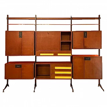 Wood, metal and glass modular bookcase, 1960s