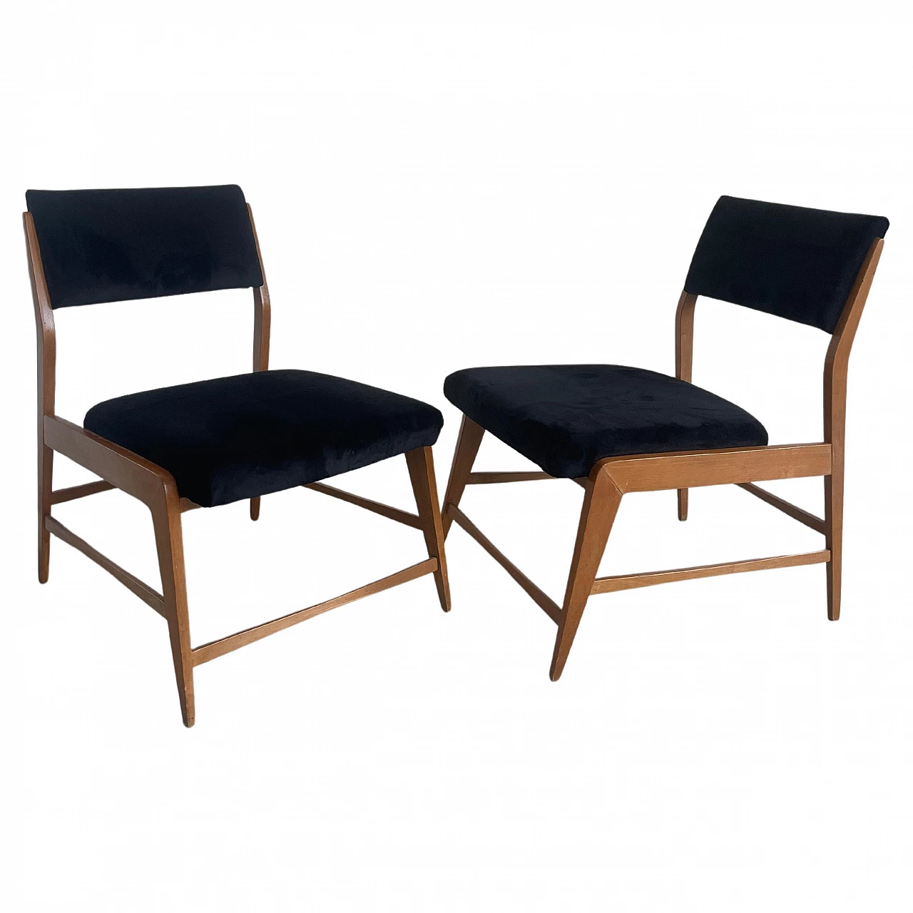 Pair of wood and black velvet armchairs, 1960s 1