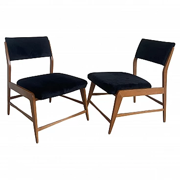 Pair of wood and black velvet armchairs, 1960s