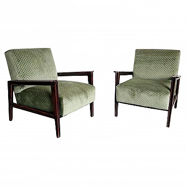 Pair of walnut and green velvet armchairs, 1950s
