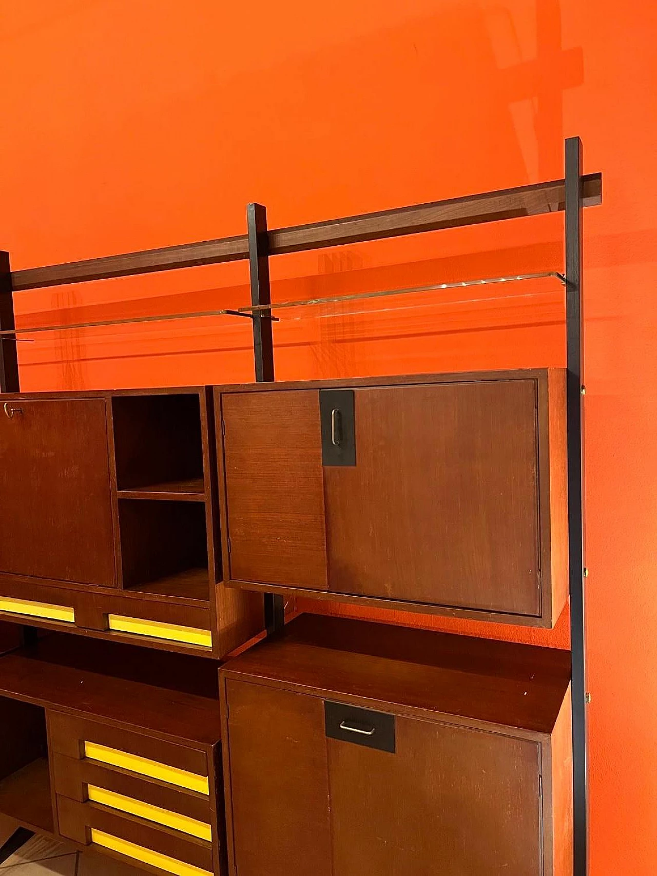 Wood, metal and glass modular bookcase, 1960s 4