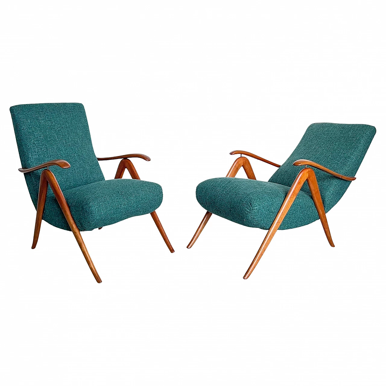 Pair of wood and green fabric reclining armchairs, 1960s 1