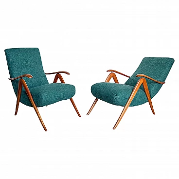 Pair of wood and green fabric reclining armchairs, 1960s
