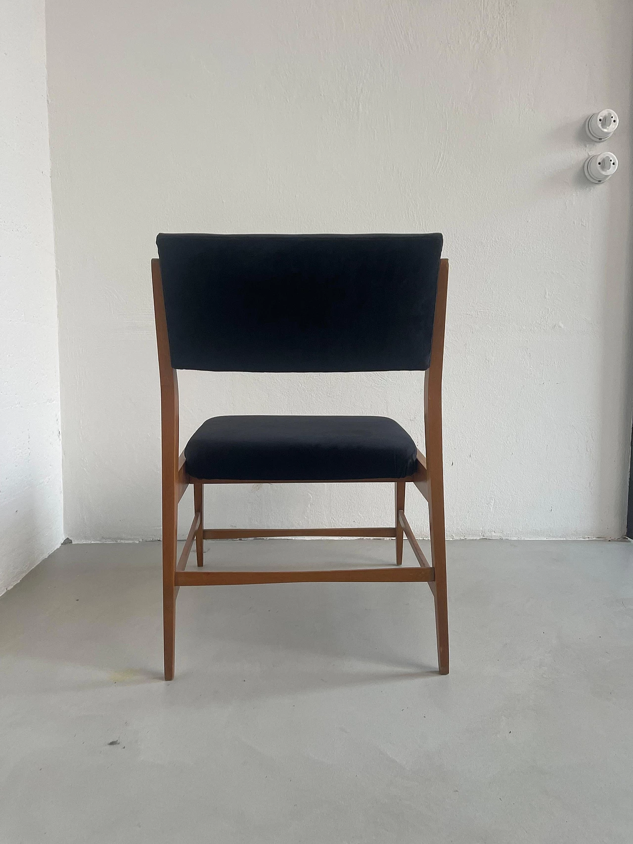 Pair of wood and black velvet armchairs, 1960s 6