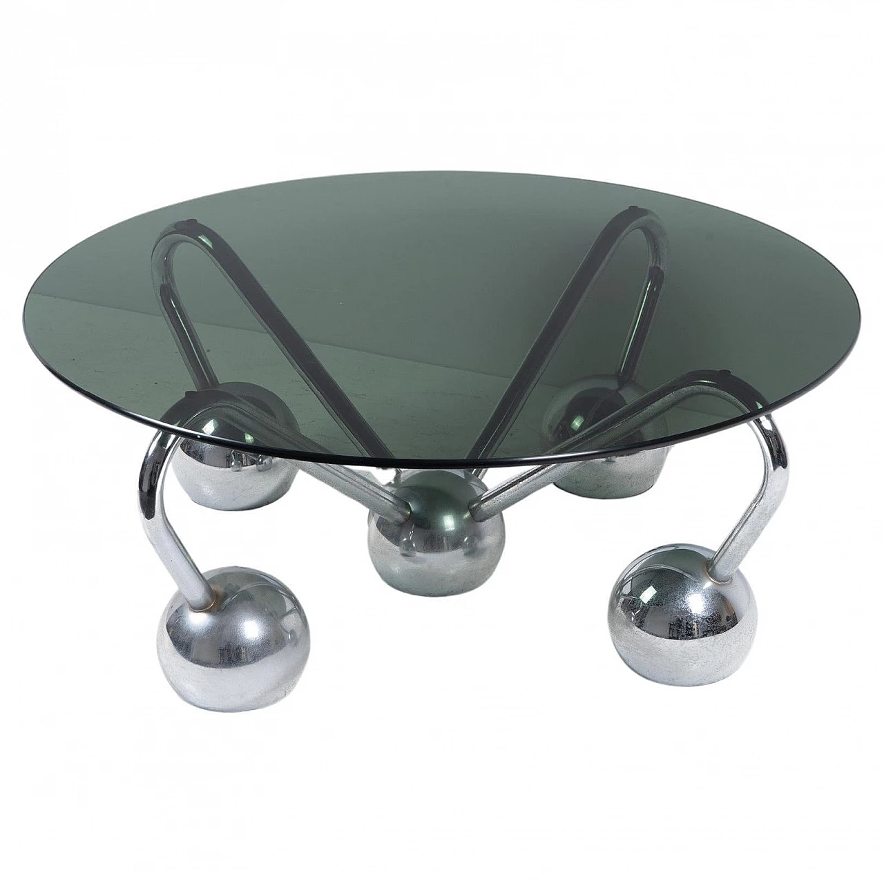 Chromed metal and smoked glass Sputnik coffee table, 1970s 1