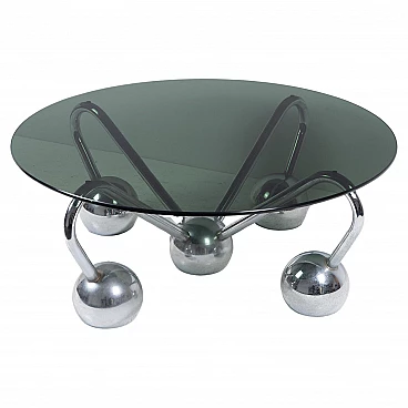 Chromed metal and smoked glass Sputnik coffee table, 1970s