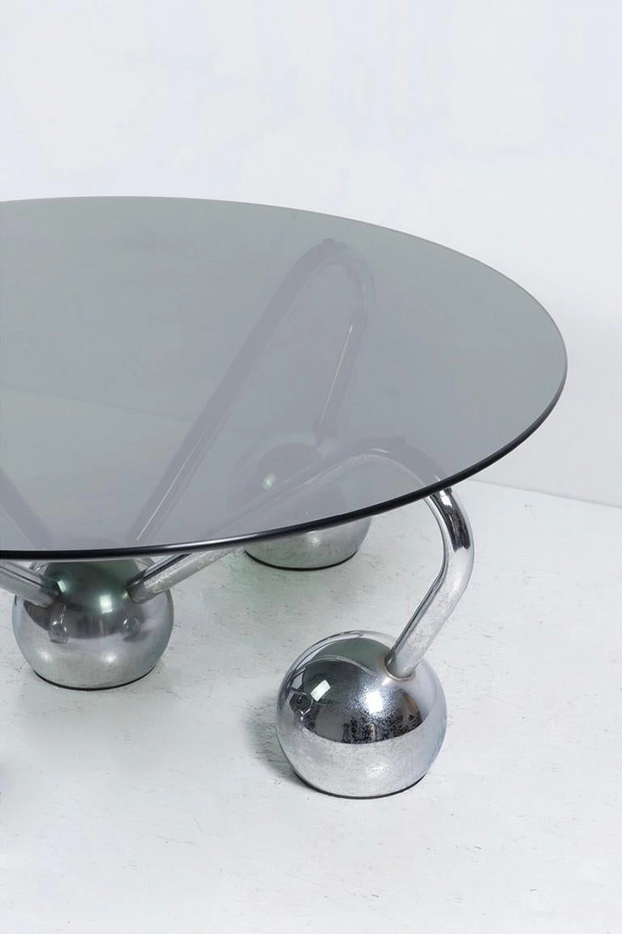Chromed metal and smoked glass Sputnik coffee table, 1970s 2
