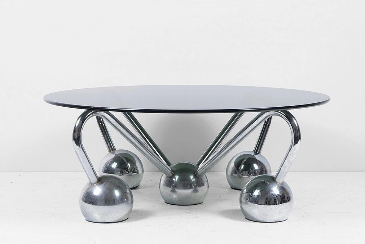 Chromed metal and smoked glass Sputnik coffee table, 1970s 3