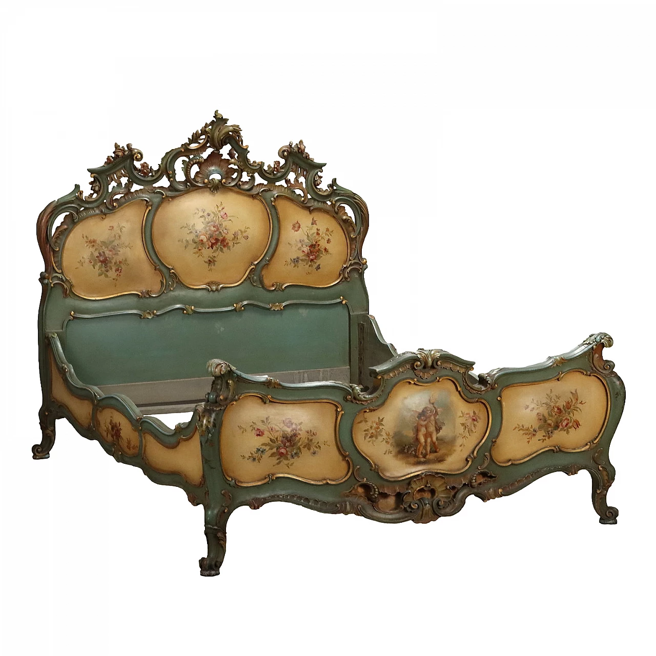Double bed frame in lacquered wood and floral motifs 1