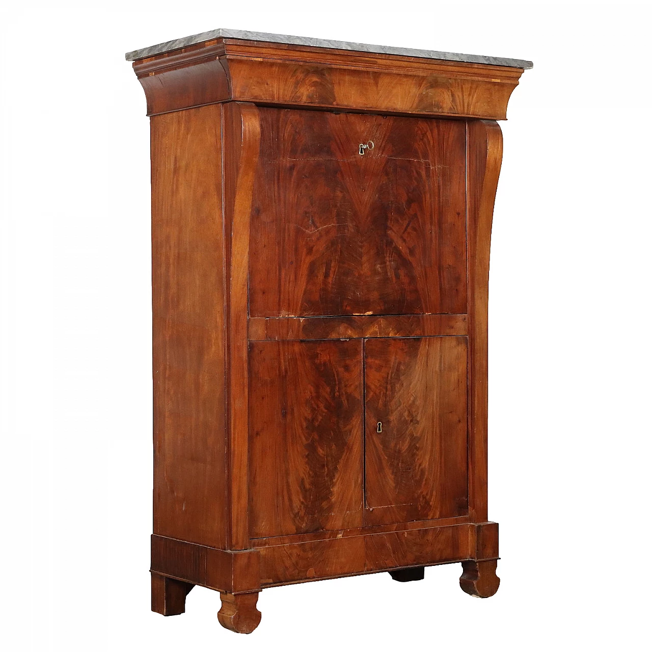 Secrétaire in mahogany and walnut with marble top, 19th century 1