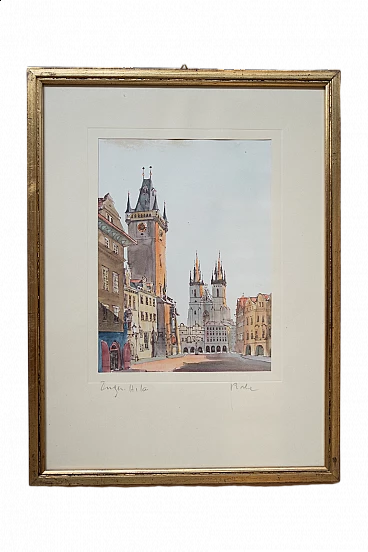 Prage Old Town Square, painting in gold leaf, 1970s