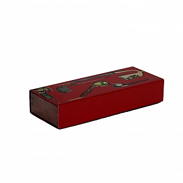 Wood and red enamelled aluminium box with silkscreen decoration by Piero Fornasetti, 1960s