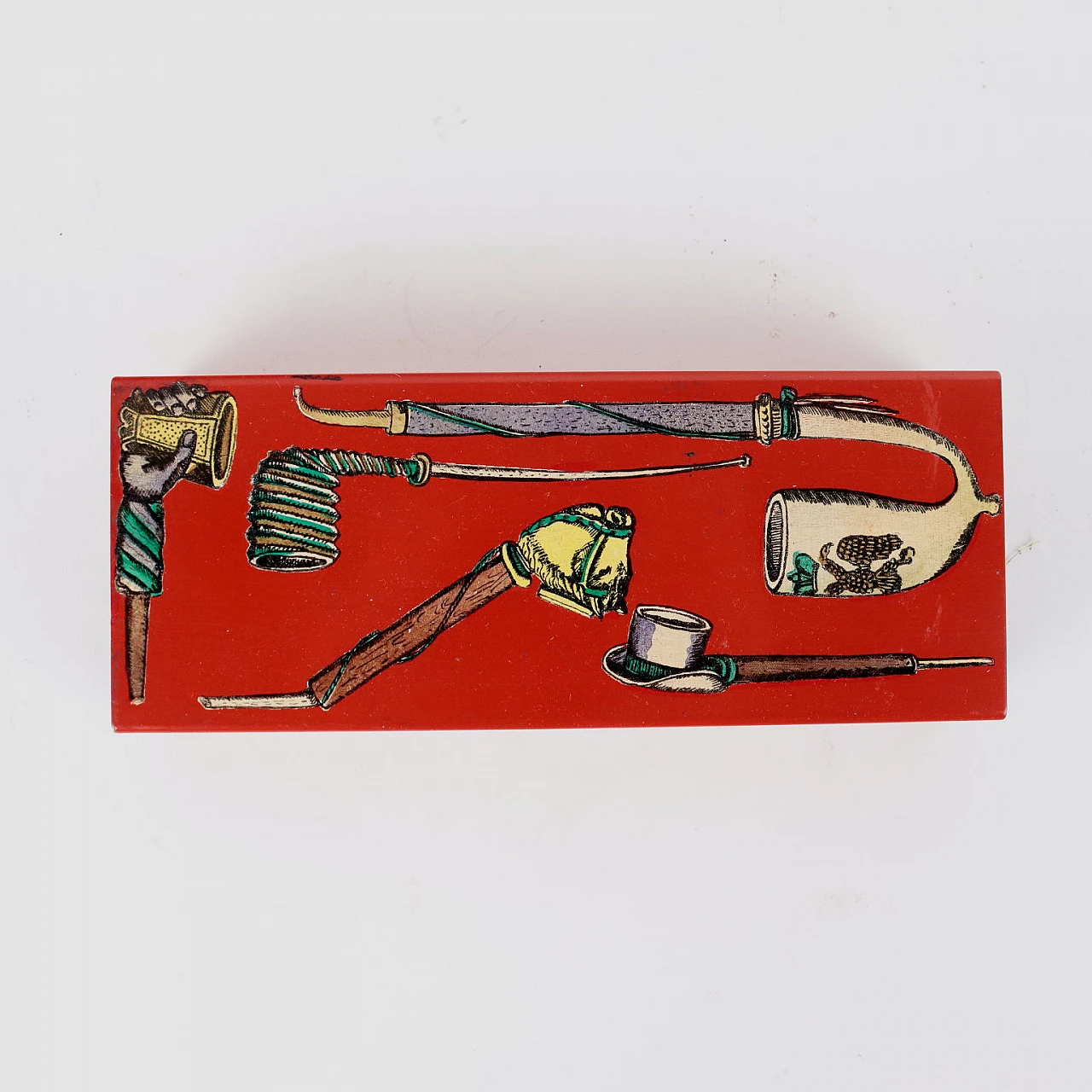 Scatola in legno e alluminio smaltato rosso con decoro a serigrafia di Piero Fornasetti, anni '60 3