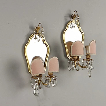 Pair of gilt bronze wall lights with pink fabric lampshades
