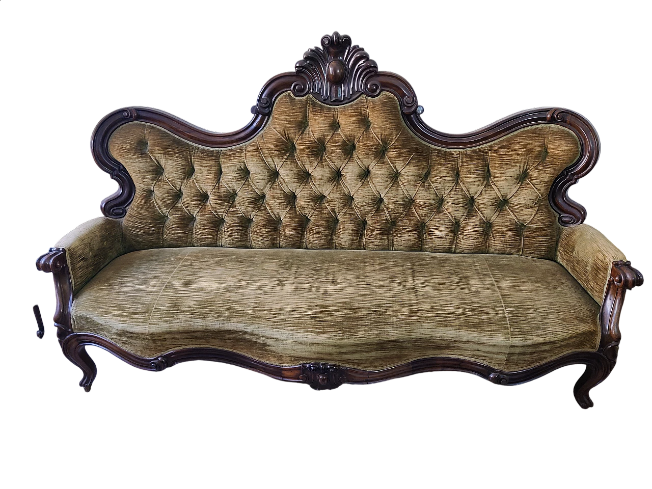 Divano in legno e rivestimento in capitonné beige, '800 4