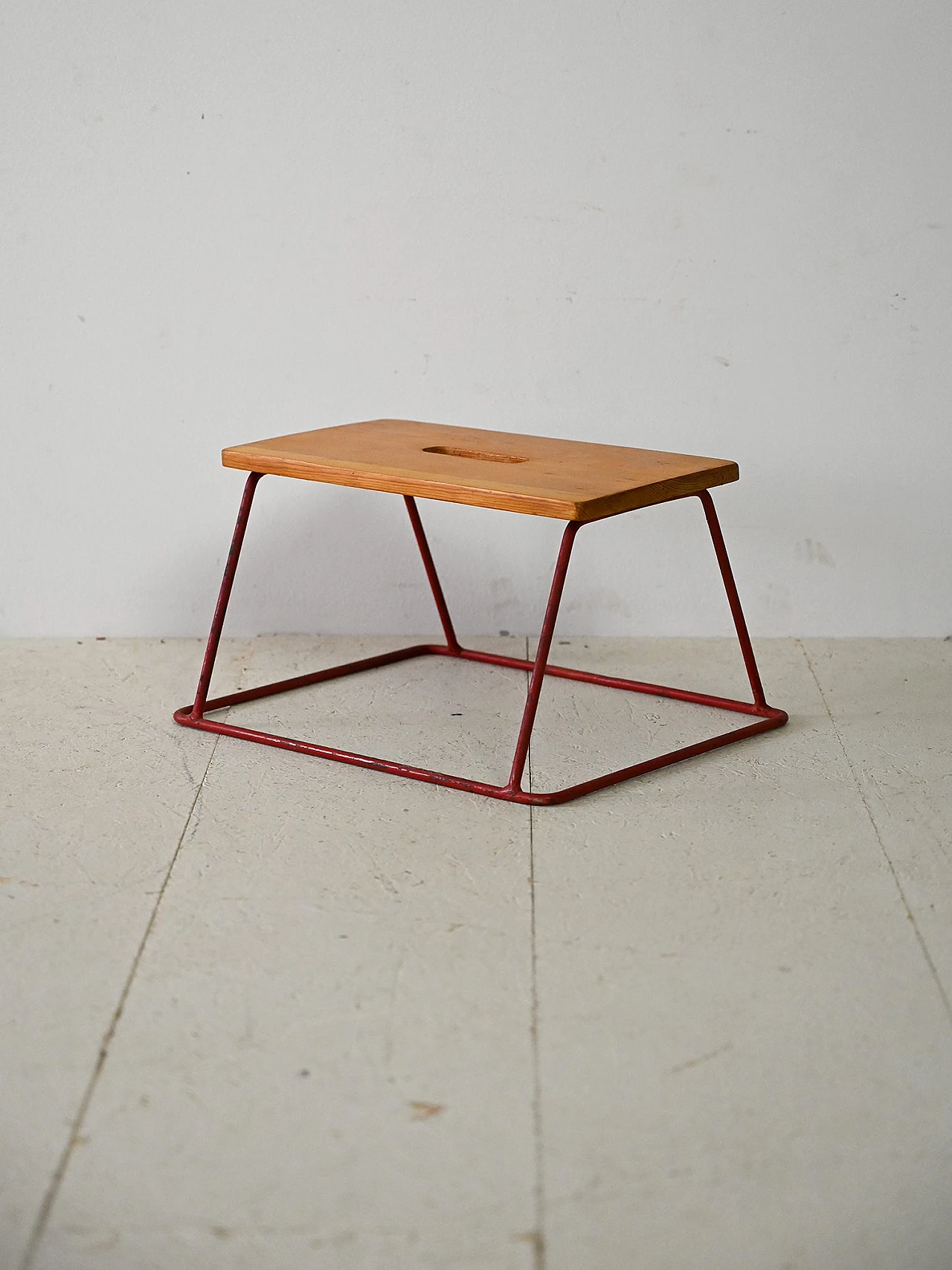 Teak stool with red metal base, 1960s 1