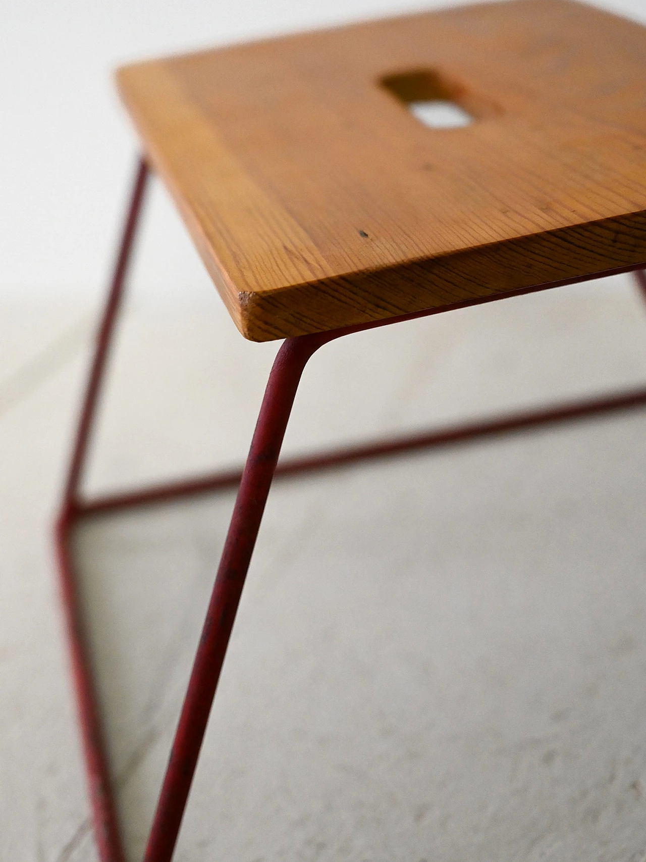 Teak stool with red metal base, 1960s 3