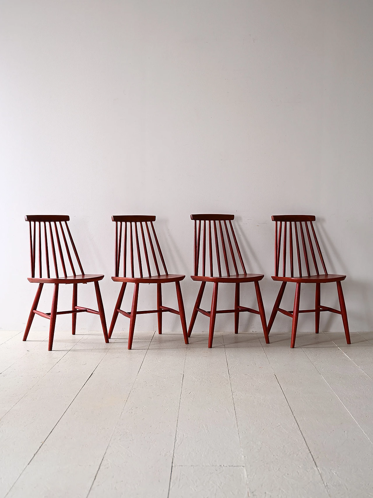 4 Red wooden chair with tapered slats in the backrest, 1960s 1