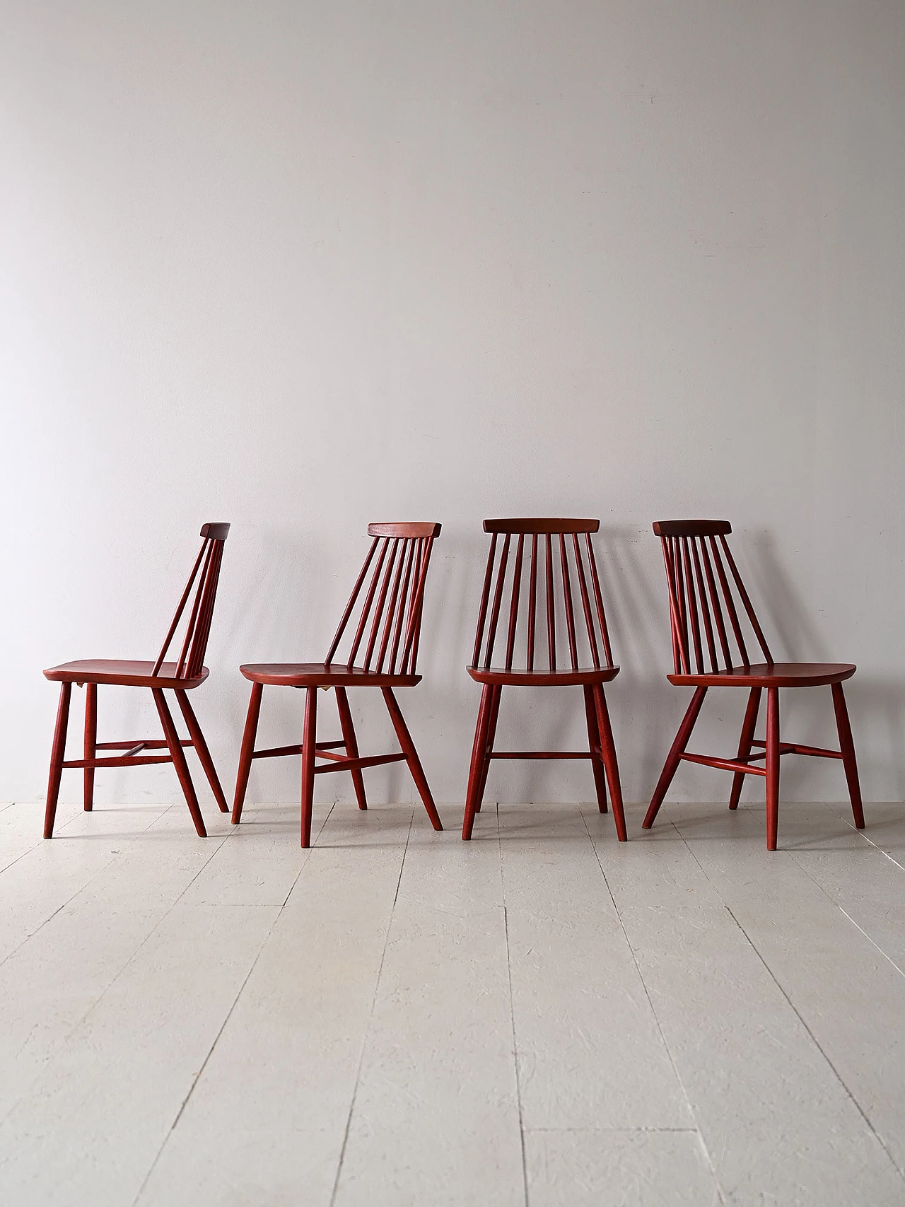 4 Red wooden chair with tapered slats in the backrest, 1960s 2
