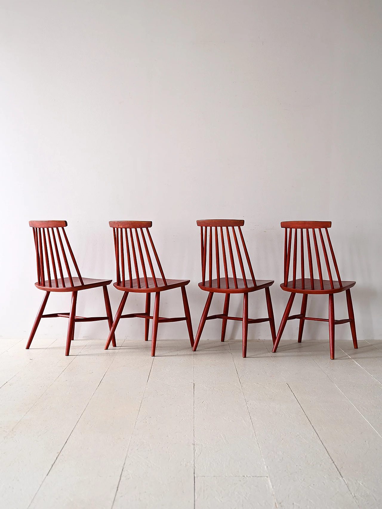 4 Red wooden chair with tapered slats in the backrest, 1960s 3