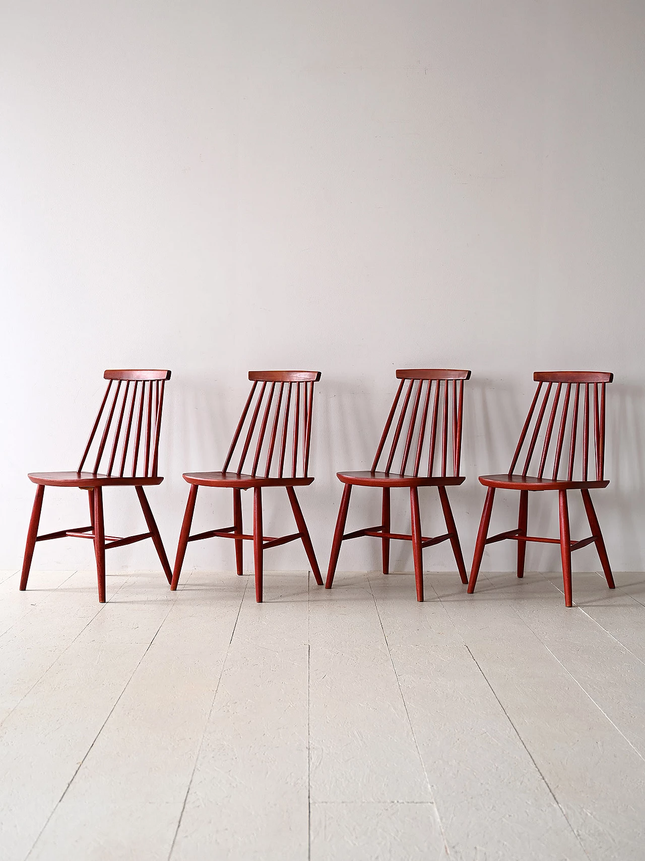4 Red wooden chair with tapered slats in the backrest, 1960s 4