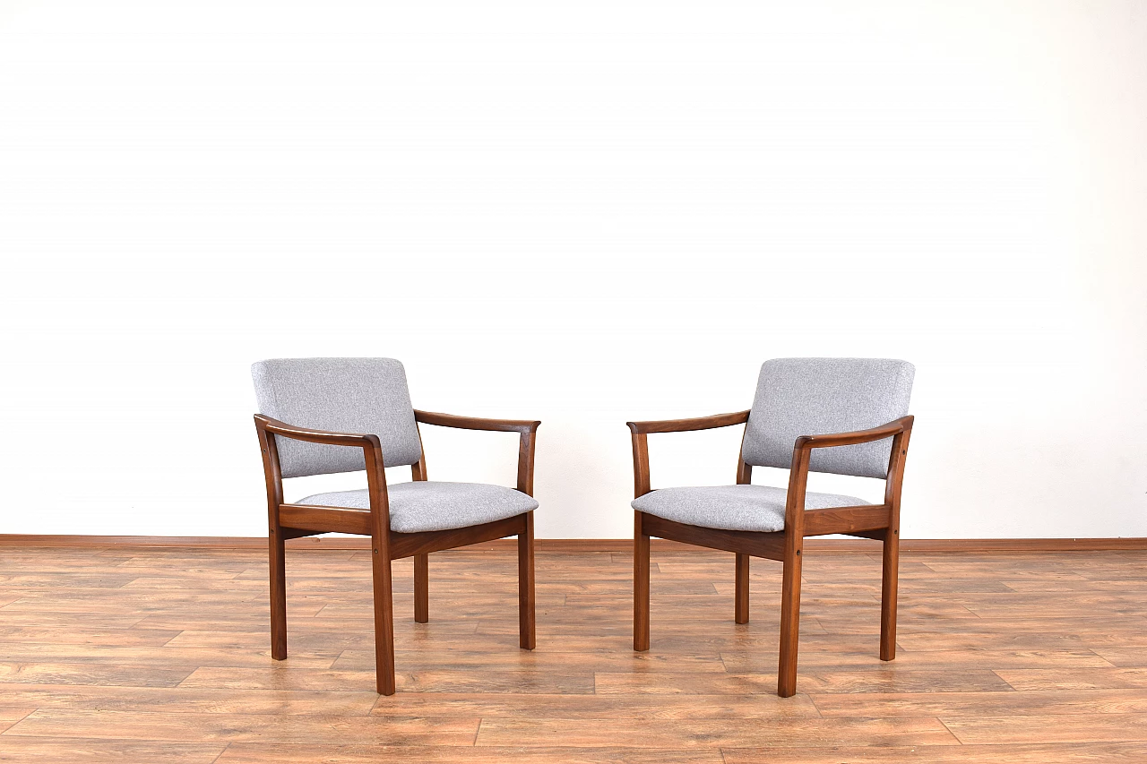 Pair of Danish armchairs in cherry wood and grey fabric, 1970s 1