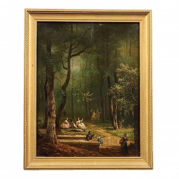 Woodland landscape with figures, oil on hardboard, 19th century