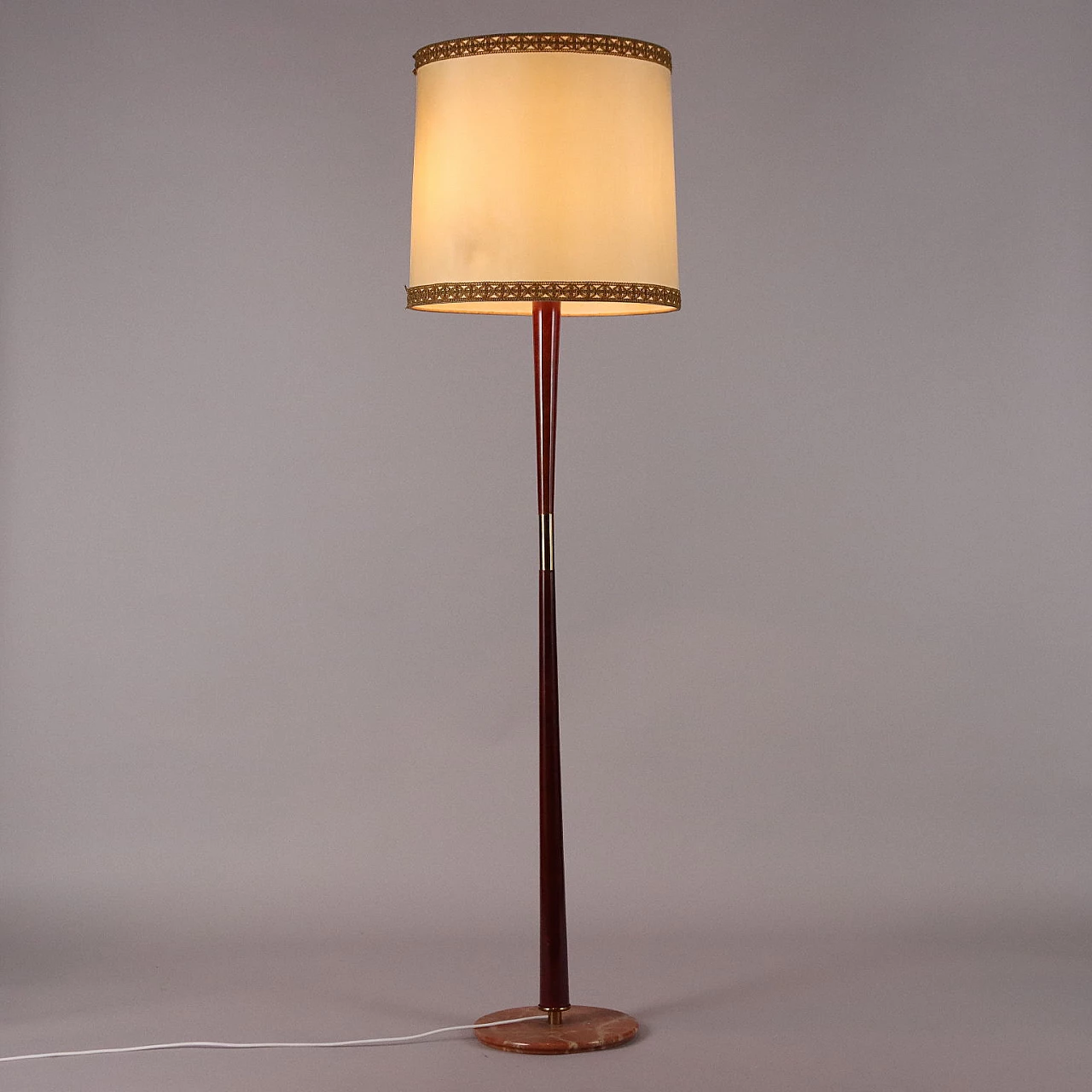 Marble, stained beech, brass and plasticized fabric floor lamp, 1950s 1