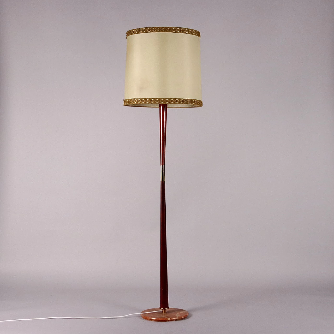 Marble, stained beech, brass and plasticized fabric floor lamp, 1950s 7