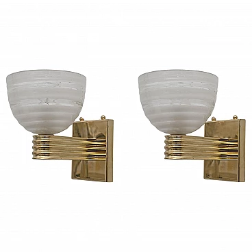 Pair of brass and glass wall lights attributed to Venini, 1940s
