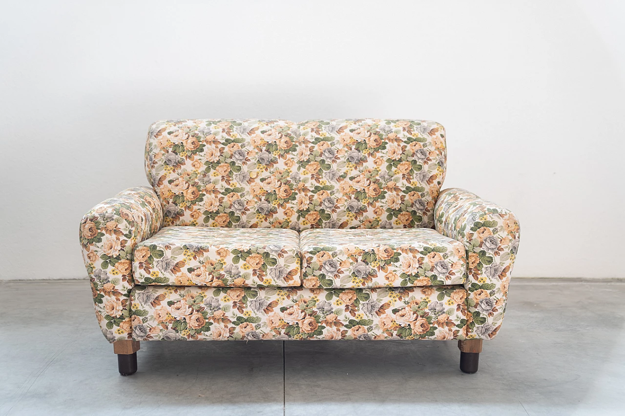 2-Seater sofa with floral fabric and wooden structure, 1970 1
