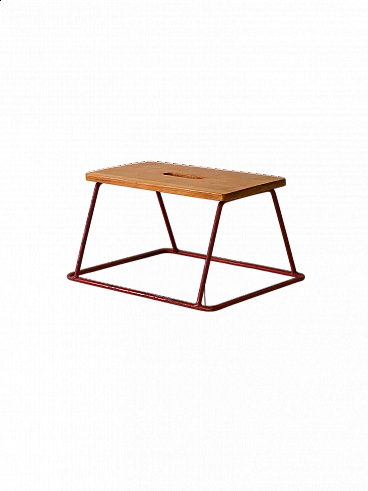 Teak stool with red metal base, 1960s