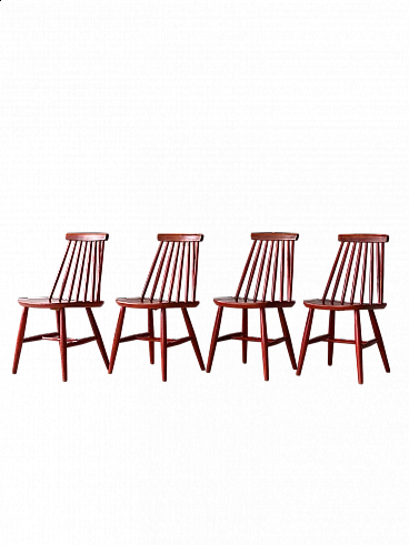 4 Red wooden chair with tapered slats in the backrest, 1960s