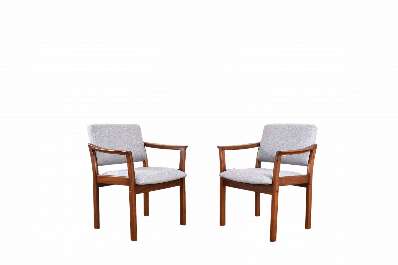 Pair of Danish armchairs in cherry wood and grey fabric, 1970s 16