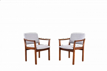 Pair of Danish armchairs in cherry wood and grey fabric, 1970s