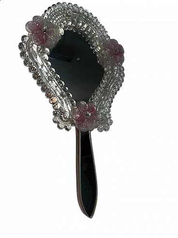 Murano glass mirror with pink floral motifs, 1950s